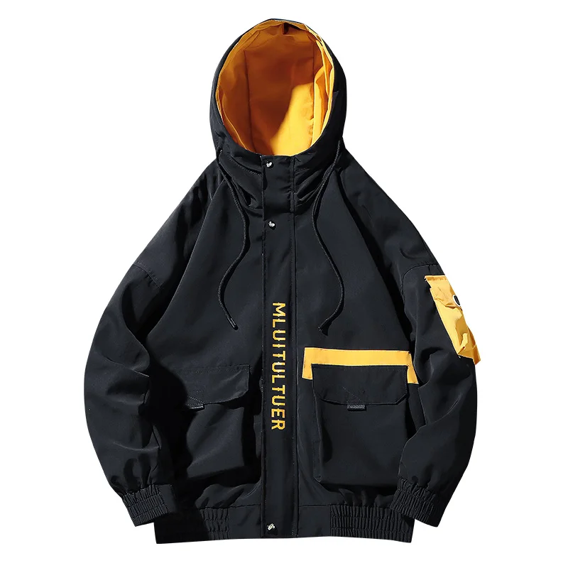 

Nice Autumn Pop Japanese Harajuku Color Patchwork Printed Fashion Mens Hooded Jackets Casual Windbreaker Outerwear Streetwear