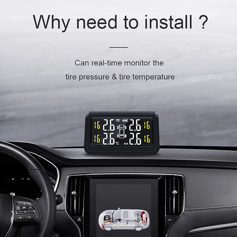 

Car TPMS Solar Power Charging Tire Pressure Monitoring System Tyre Pressure Alarm Detector LCD Display With External 4 Sensors