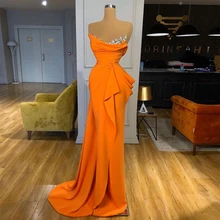 Robe de soirée élégante de forme sirène, Orange, longue, charmante, asymétrique, épaule dénudée, modèle 2021  (4)