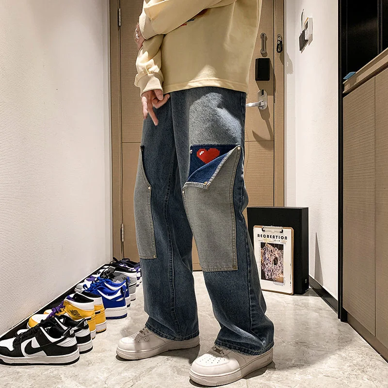 DIMI Male Fashion Harajuku Streetwear Heart Print Patchwork Men's Jeans Loose Straight Casual Denim Trousers