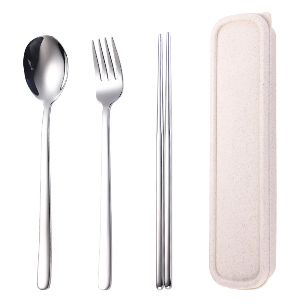 

3 Pcs Portable 304 Stainless Steel Chopsticks Fork and Spoon Set with Storage Box Tableware Cutlery Set Kitchen Accessories