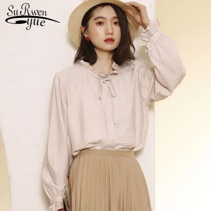 

Blusas Solid Woman Shirts 2021 Autumn Cotton Women Blouses Long Sleeve Korean Tops Button Casual Vintage Clothes with Bow 10472