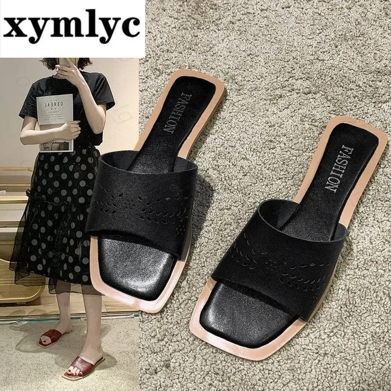 

Сланцы женские из натуральной кожи, летние шлепанцы на плоской подошве, Нескользящие, однотонные, с отверстиями