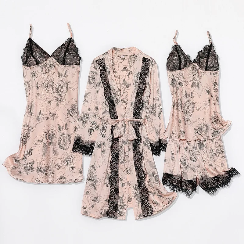 

Kimono Gown Satin Pajamas Sets For Women Sexy Print Robe Suit Lace 4PCS Sleepwear Bathrobe Silky Nightwear Loungewear Pijamas