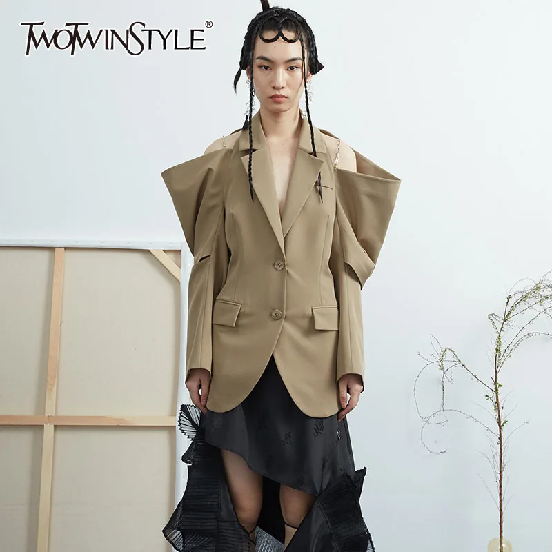 

TWOTWINSTYLE Hollow Out Casual Blazer For Women Notched Long Sleeve Vintage Solid Blazers Female Fashion New Clothing Spring