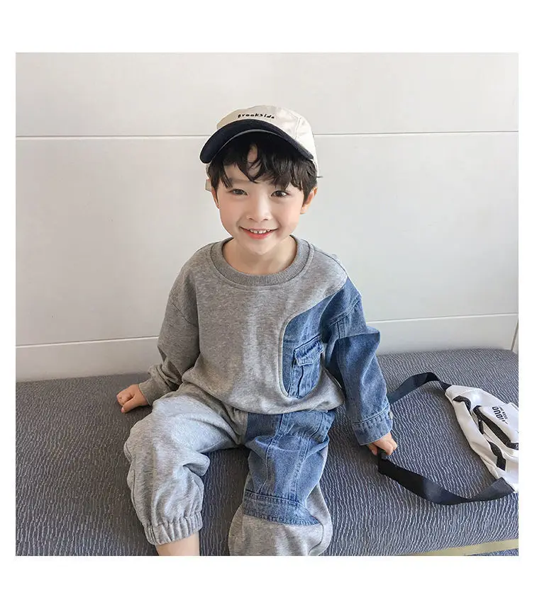 

Boy's Clothing Sets 2021 New Autumn and Winter Children's Fashion Denim Stitching Two-piece Suit