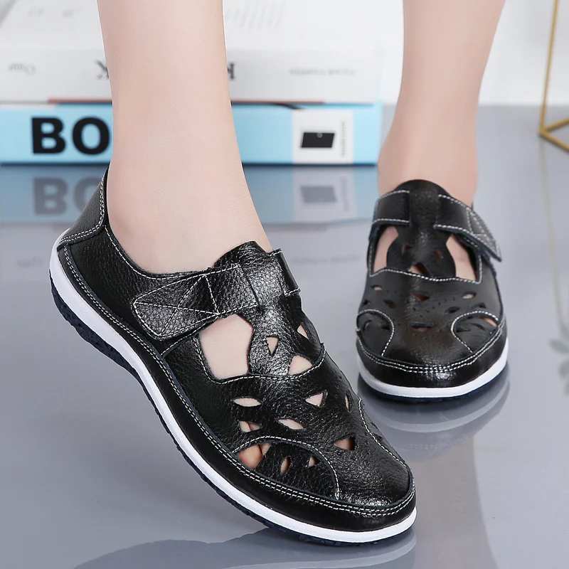 

Womens Split Leather Sandals Woman Hollow Out Flat Sandals Summer Casual Shoes Soft Bottom Female Beach Sandals Zapatos Mujer