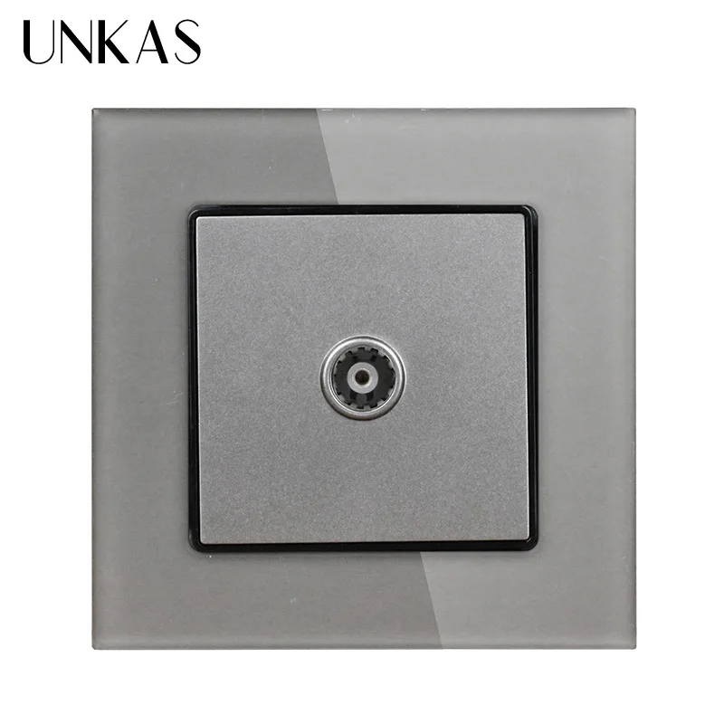 UNKAS Grey Luxury Crystal Glass Panel 1 Gang Female TV Jack Socket Wall Power Socket 86*86 mm