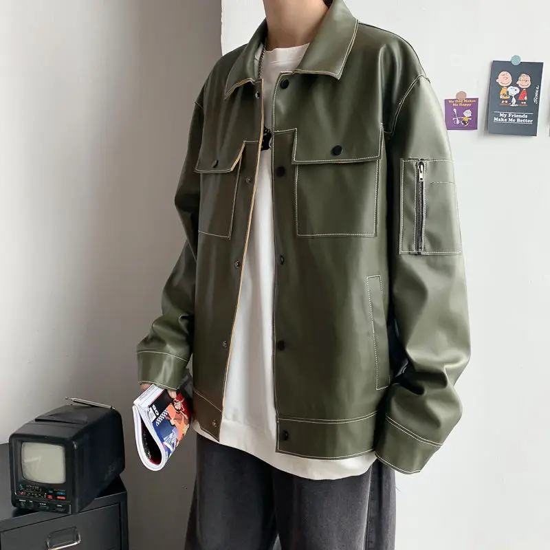 Мужская однотонная куртка из ПУ кожи с длинным рукавом | одежда