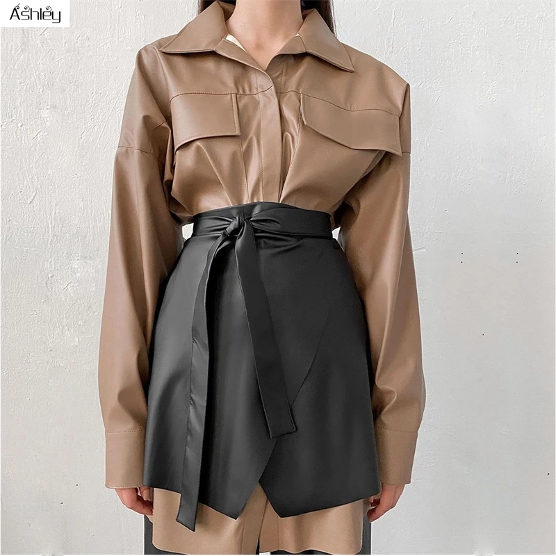 

Ashley Casual black women asymmetrical leather skirt sash Sexy slim skirt female High street skirts ladies spring summer