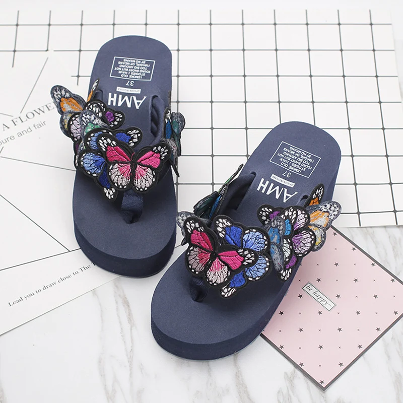 Fashion New 2022 Summer Handmade Butterfly Slippers Solid Platform Sandals Wedges Footwear Beach Outside Women Flips Flops
