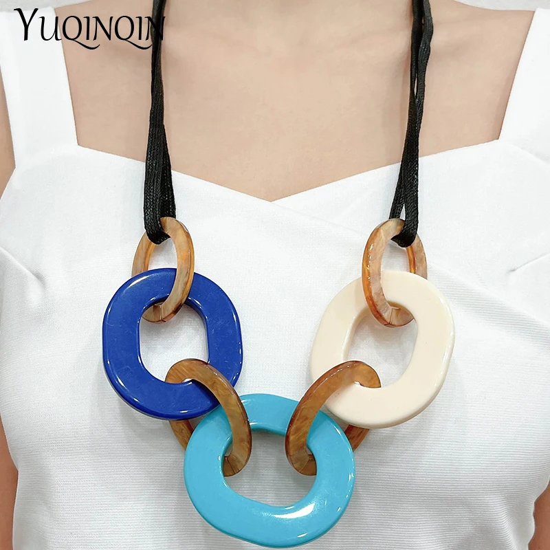 

New Fashion Rope Chain Necklace for Women Big Round Resin Pendant Necklace Statement Vintage Colorful Elegant Party Long Jewelry