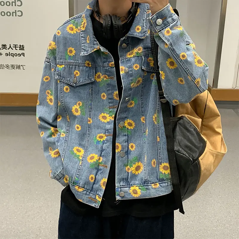 Куртка мужская джинсовая с цветочным принтом модная Повседневная куртка в стиле