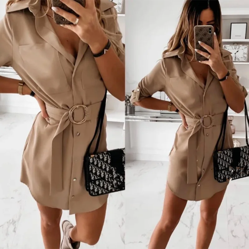 

Women Vintage Front Pockets Sashes A-line Dress Three Quarter Sleeve Turn Down Collar Solid Elegant Dress Autumn Dress