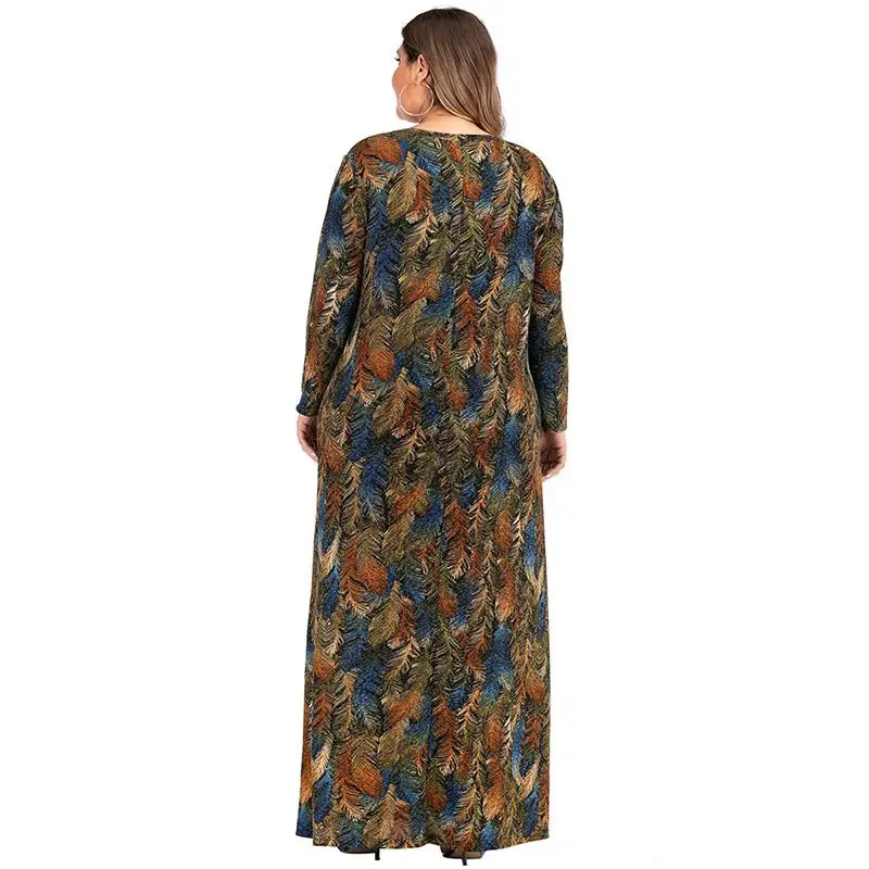 

4XL 5XL Women Colorful Feather Print Long Dress 2020 Spring Plus Size Long Sleeve Maxi Dress Loose Lady Printing Party Vestidos