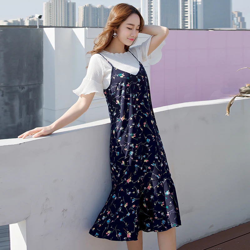 

Новые женские костюмы, 2 предмета, 2020, Модная белая шифоновая футболка с расклешенными рукавами и хлопковые цветочные платья, комплекты (фут...