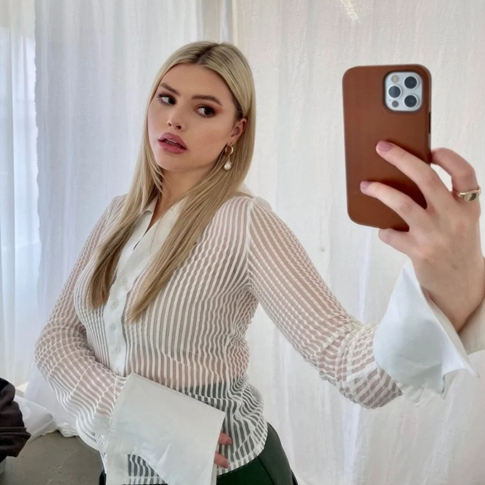 

Women Blouses Sexy Ultra-thin Slim Fit Mesh Perspective Shirt Long Sleeve Blusas Mujer De Moda 2021 Tops Fashion Female Clothing