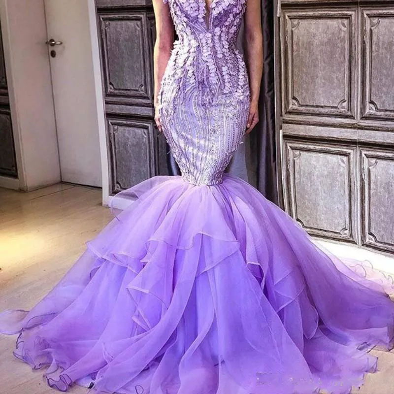 

Light Purple Mermaid Prom Dresses Saudi Arabia Cap Sleeve Evening Gowns Tiered Sweep Train Women Formal Party Dress Custom Made