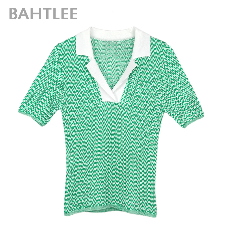 

BAHTLEE Summer Women T-shirt Notched Neck Tencel Short Sleeveles Pullovers Knitted Sweaters High Elastic Geometric