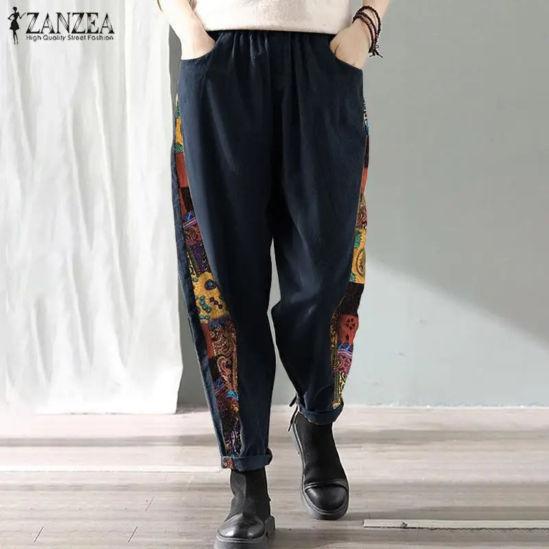 

Vintage Elastic Waist Harem Pants Spring Women Floral Printed Trousers ZANZEA Casual Patchwork Long Turnip Pantalon 7