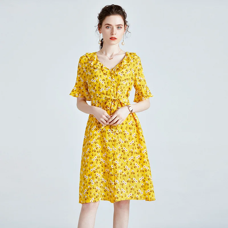 

Желтое шелковое платье с маленькими цветами для женщин, мода 2021, Летнее Длинное повседневное сексуальное платье для офиса и работы, Повседн...