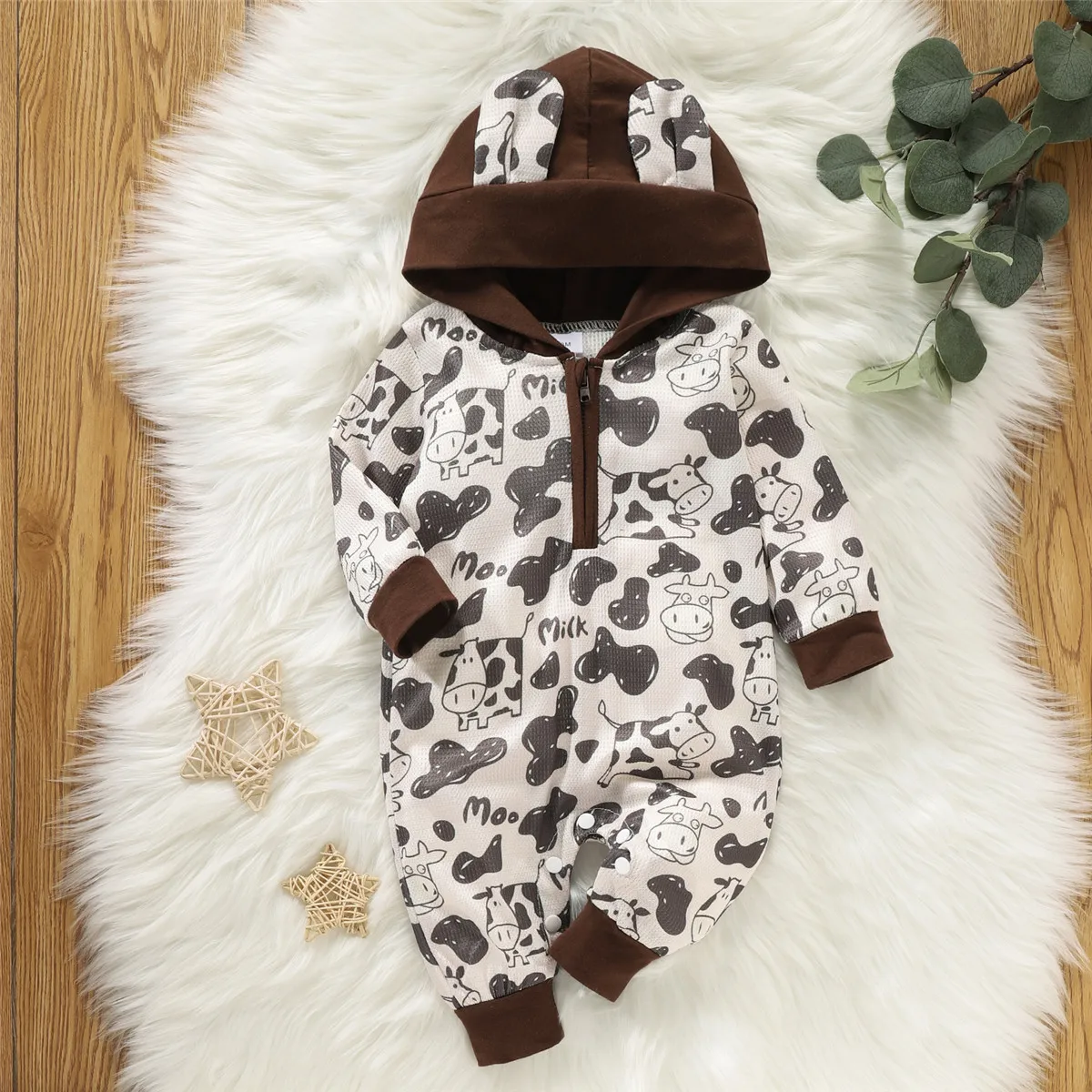 

0-18 Months Newborn Baby Long Sleeve Jumpsuit Toddler Infant Boy Girl Cartoon Milk Cow Print Zipper Hooded Romper Spring Autumn