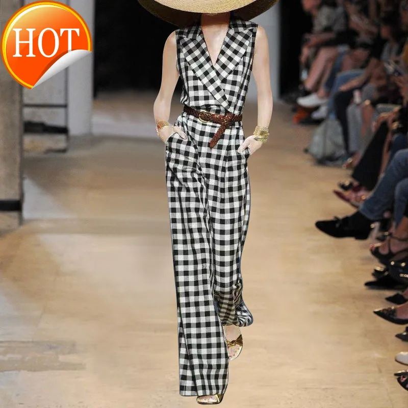 

21 новый летний модный показ модного костюма с лацканами, универсальный брючный комбинезон в клетку