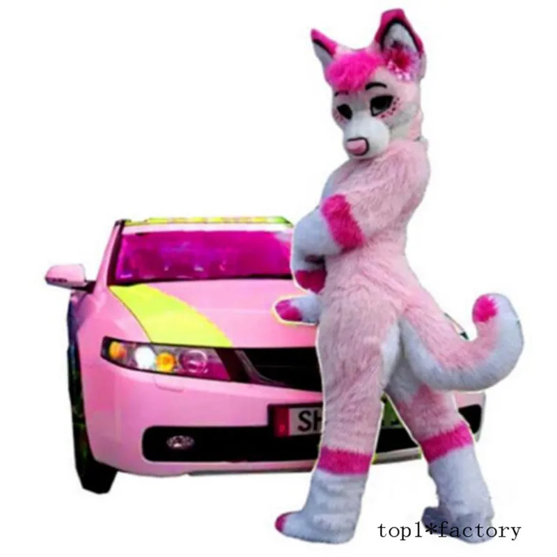 

Halloween Carnival Advertising Long Fur Pink Husky Mascot Costume Suits Wolf Fox Dog Cosplay Birthday Party Game Dress Adults AD