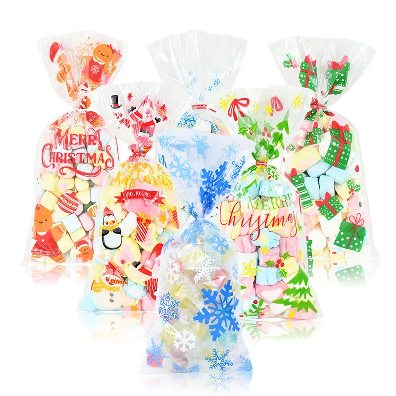 

50Pcs 27cm Santa Gift Candy Bag Snowflake Cookie Clear Plastic Bag For Home Xmas New Year Party Decor Baking Gift Packing Pouch
