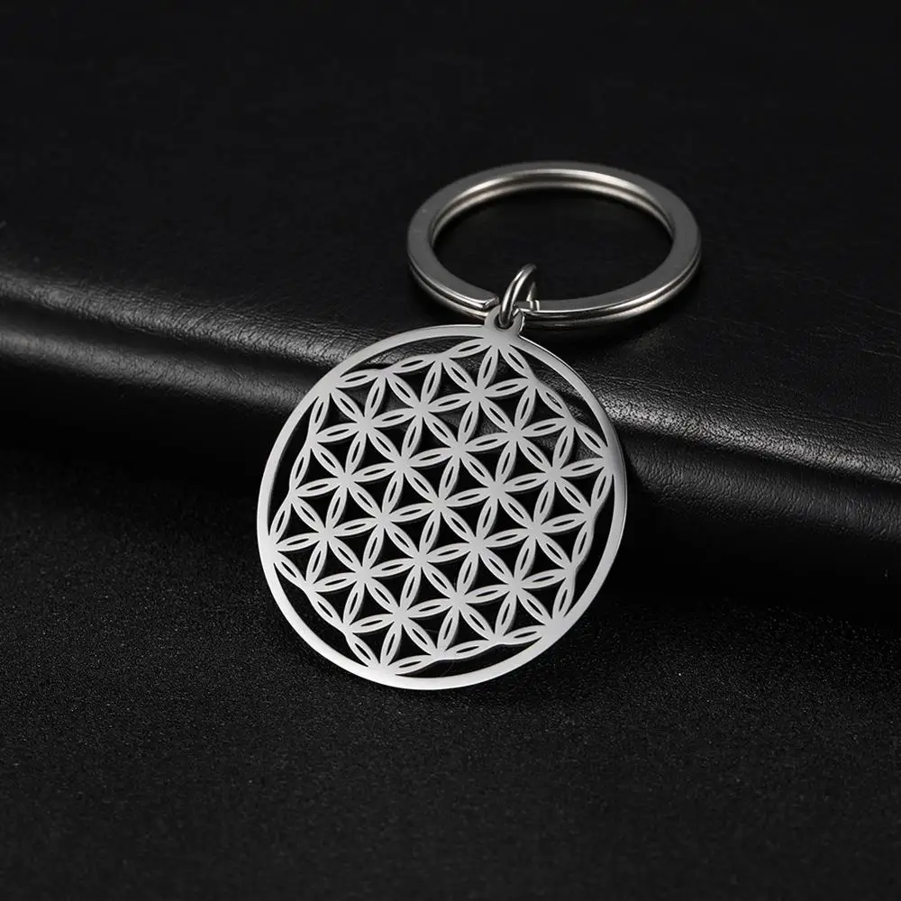 

Skyrim Flower of Life Round Car Key Chain Finder Pendant for to Bag Talisman Amulet Viking Stainless Steel Keyring for Gift
