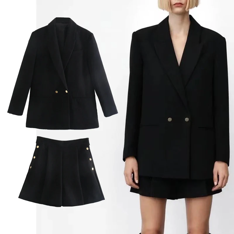 ZA 2 Pieces Casual Blazer Jacket+Short 2022 Autumn Winter Solid Office Lady Double Breasted Coat Ele
