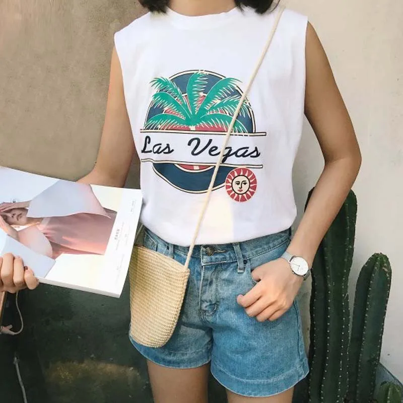 Летний женский жилет с пейзажной картой свободная футболка без рукавов круглым