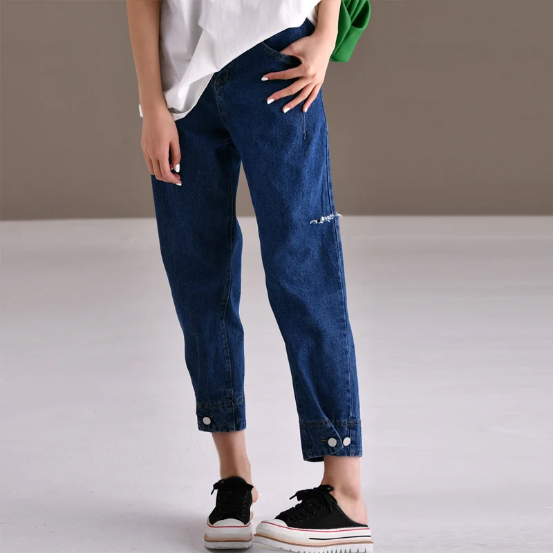 Модные джинсы для бабушки MICOCO N9266 Корейская версия регулируемые с дырками и