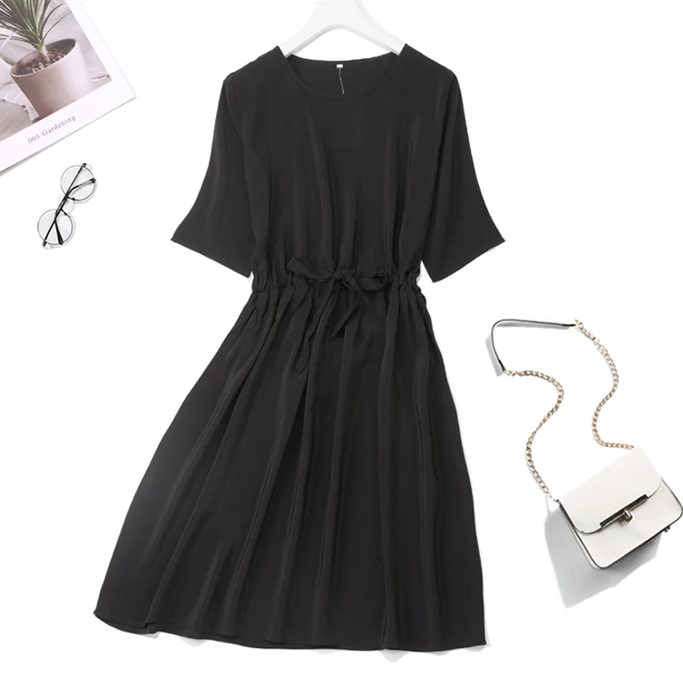 Женское длинное однотонное черное платье из 100% чистого шелка с круглым вырезом и