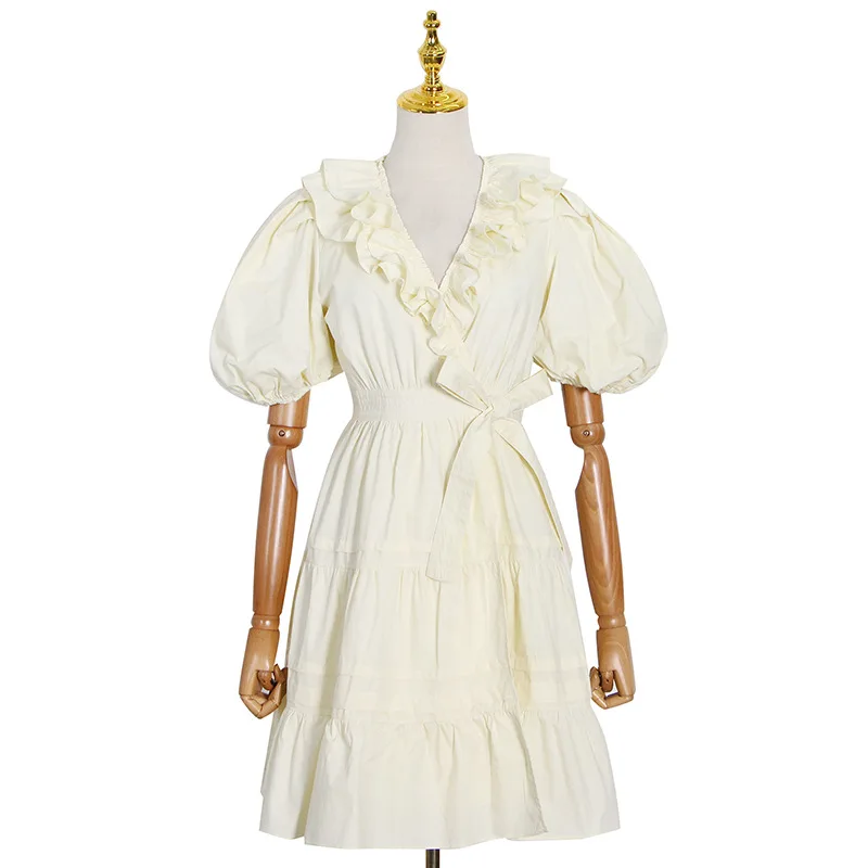 

V-neck Fungus Puff Sleeve Lace Up Dresses for Women Elegant Ruffles Patchwork One Piece Fashion Office Lady Vestidos Female