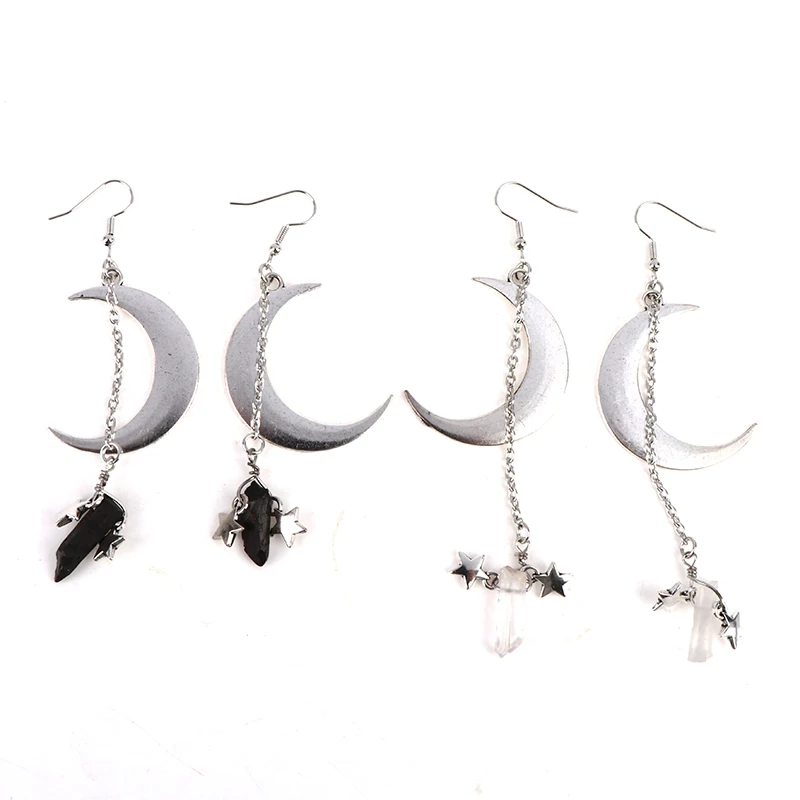 

White/Black Quartz Crystal Aura Witchy Earrings, Crescent Moon Gothic Occult Boho Crystal Crown Accessories Jewelry Earrings
