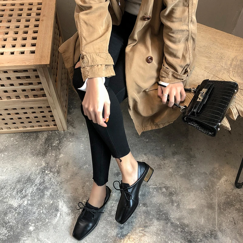 

New Genuine Leather Flats Casual Lace-up Square Toe Spring/Autumn Women's Shoes Deep Mouth Platform Shoes Handmade Size 34-40