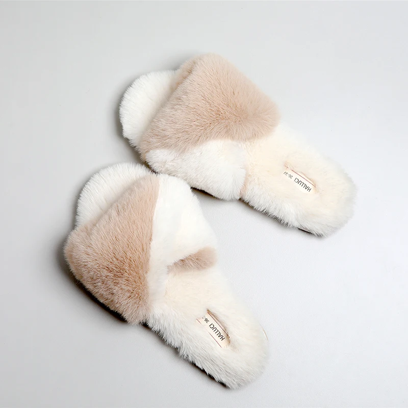 Autumn and winter new product small rabbit hair simple fish mouth office tow waterproof non-slip indoor home slippers