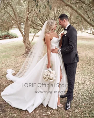 LORIE Satin Wedding Dresses Strapless  A-Line Bridal Gowns Princess Custom Made High Split Wedding Gown vestido de noiva 2021