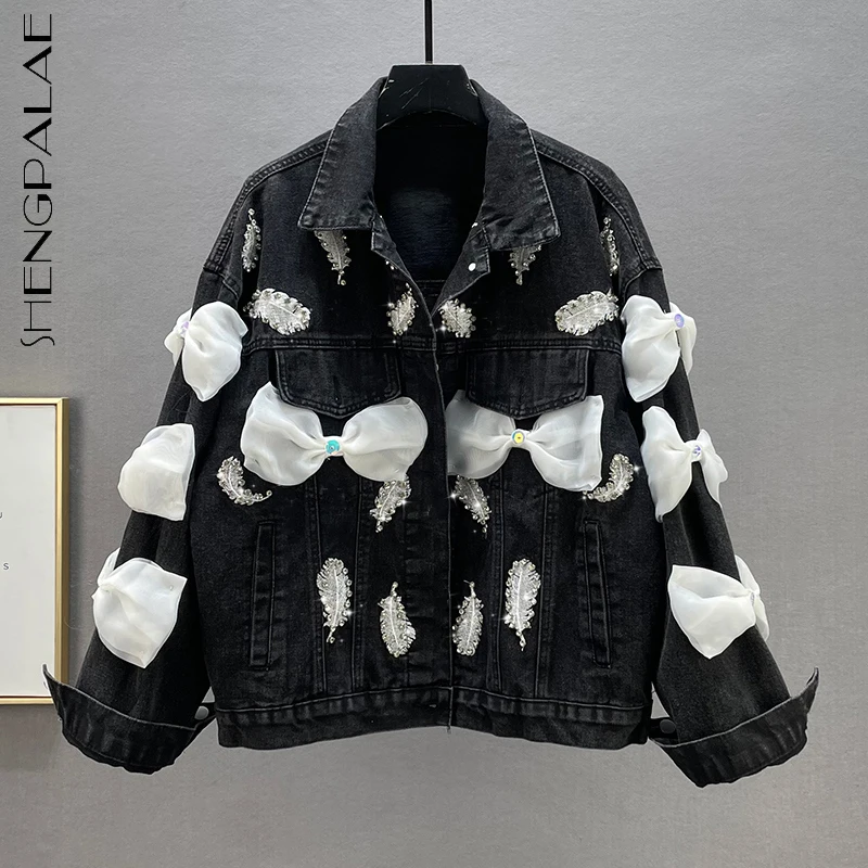 

SHNEGPALAE Fashion Bow Denim Jacket Women's Autumn 2021 New Diamonds Lapel Loose Batwing Sleeve Long Bat Sleeve Jacket Female