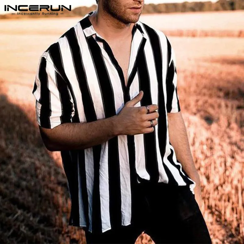 INCERUN Men Striped Shirt Casual Lapel Neck Short Sleeve Button Brand Shirt Chic Loose Streetwear Vacation Blouse Chemise 2023