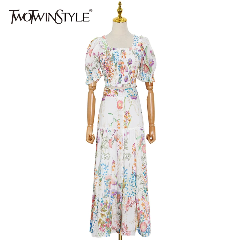 

TWOTWINSTYLE Print Two Piece Set For Women Square Collar Puff Short Sleeve Tops High Waist Midi Skirts Slim Sets Female 2021 New
