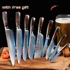 Набор профессиональных кухонных ножей шеф-повара, многофункциональный инструмент для приготовления пищи из дамасской стали с цветной деревянной ручкой и лазерным узором