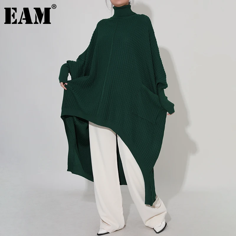 

[EAM] Women Green Knitting Irregular Big Size Dress New Turtleneck Long Sleeve Loose Fit Fashion Spring Autumn 2022 1DE593306