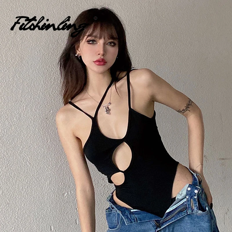 

Fitshinling Gothic Bodysuit Y2K Hollow Out Sexy Camisole Halter Slim Bodysuits Goth Female Hot Sweet Vouge Dark Grunge Punk