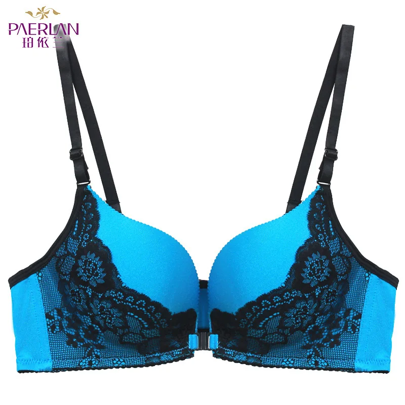 

PAERLAN Seamless Push Up Wire Free Underwear Women Wireless Front Button Female Bra Sexy Lace Color Block A Piece Glossy Bra