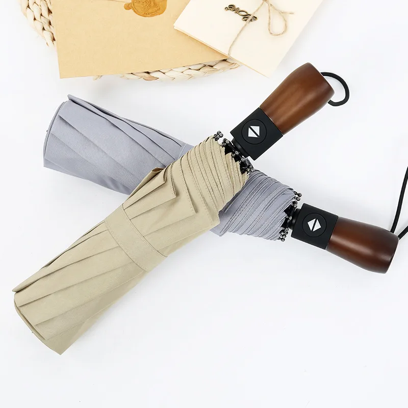 

WindproofCreative For men rain sun umbrella women Wind proof automatic tri-fold folding 10 bone wooden handle business umbrella