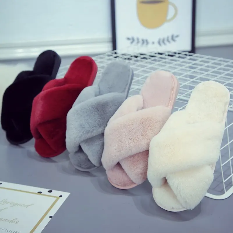 

Women House Slippers,Cross Faux Fur Purity Colors Slip on Flats,Ladies Flip Flops,Open Toe Fluffy Slippers,Size 36-43