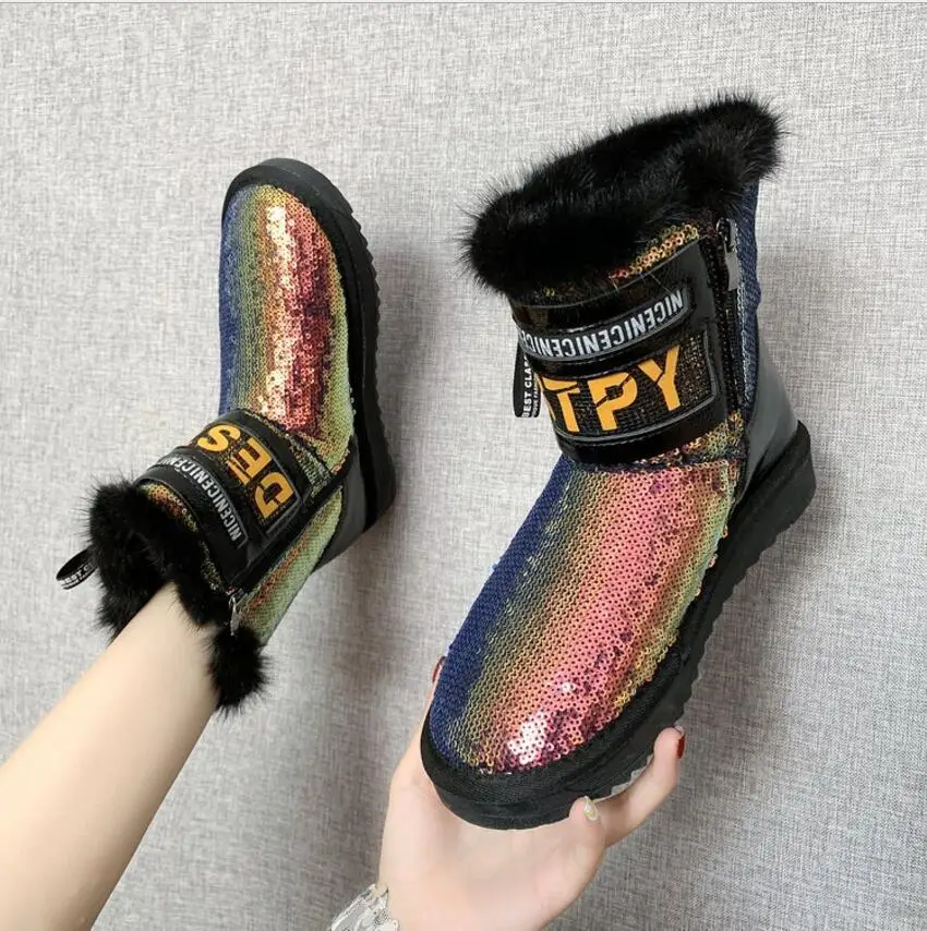 Women's Snow Boots Winter New High Top Cotton Sequins with fleece Warm Shoes flat Shoes|Зимние сапоги| |