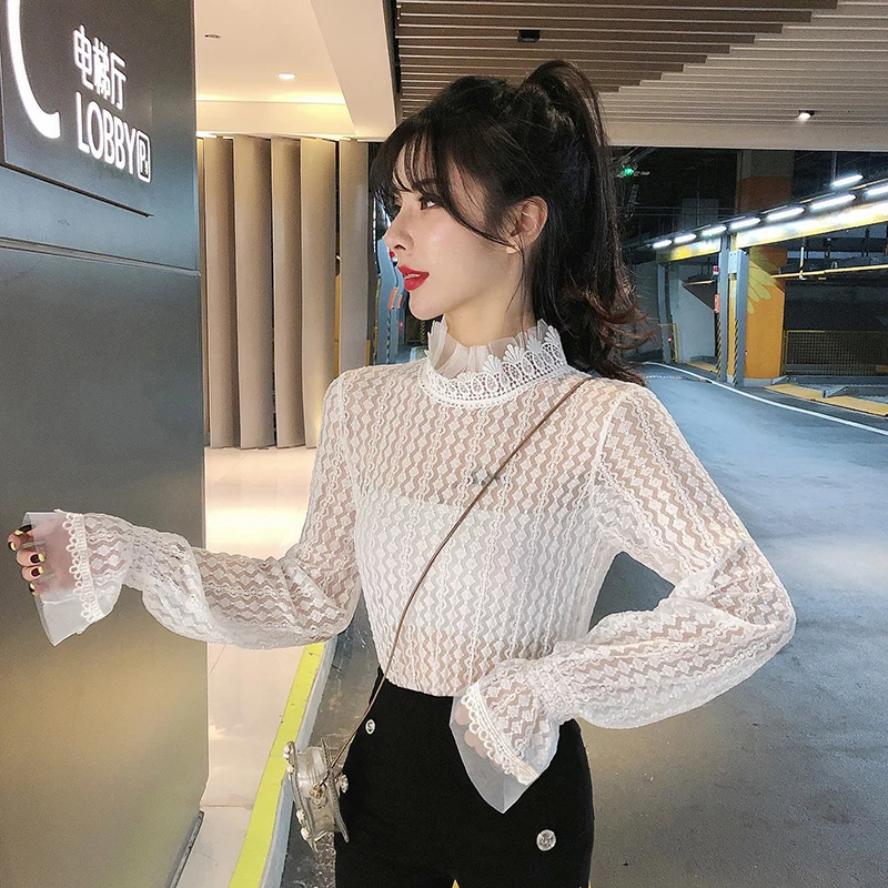 

COIGARSAM Sexy Full Sleeve blouse women New Spring Lace Sheath Mesh Turtleneck blusas womens tops and blouses White 3745
